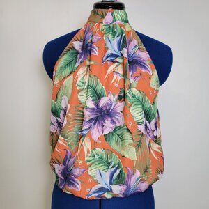 Rachel Zoe Womens Orange/Green Tropical Sleeveless Choker Collar Crop Blouse S